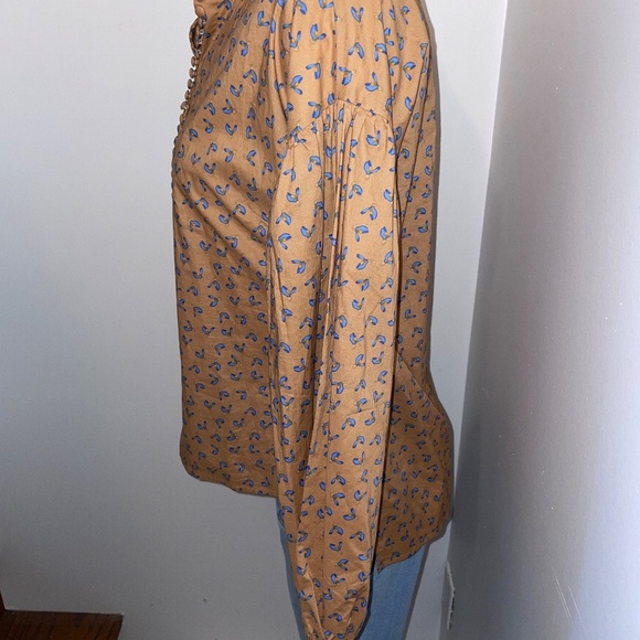 JUST Female long sleeve button down tunic organic cotton tan blue floral small - Picture 4 of 9